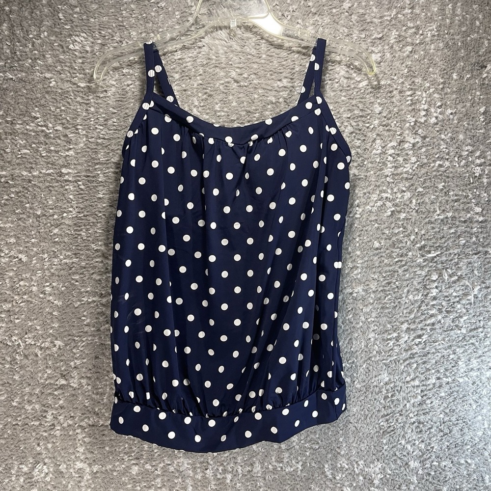 Lands End Tankini Swimsuit Top Size 10 L Navy White Polka Dot Beach Vacation